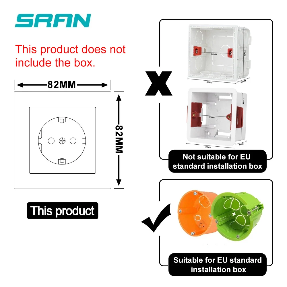 SRAN EU RU ผนังซ็อกเก็ตไฟฟ้า 16A 220V 82*82 มม.กระจกนิรภัย Power Outlet Home Improvement สีขาว/สีดํา