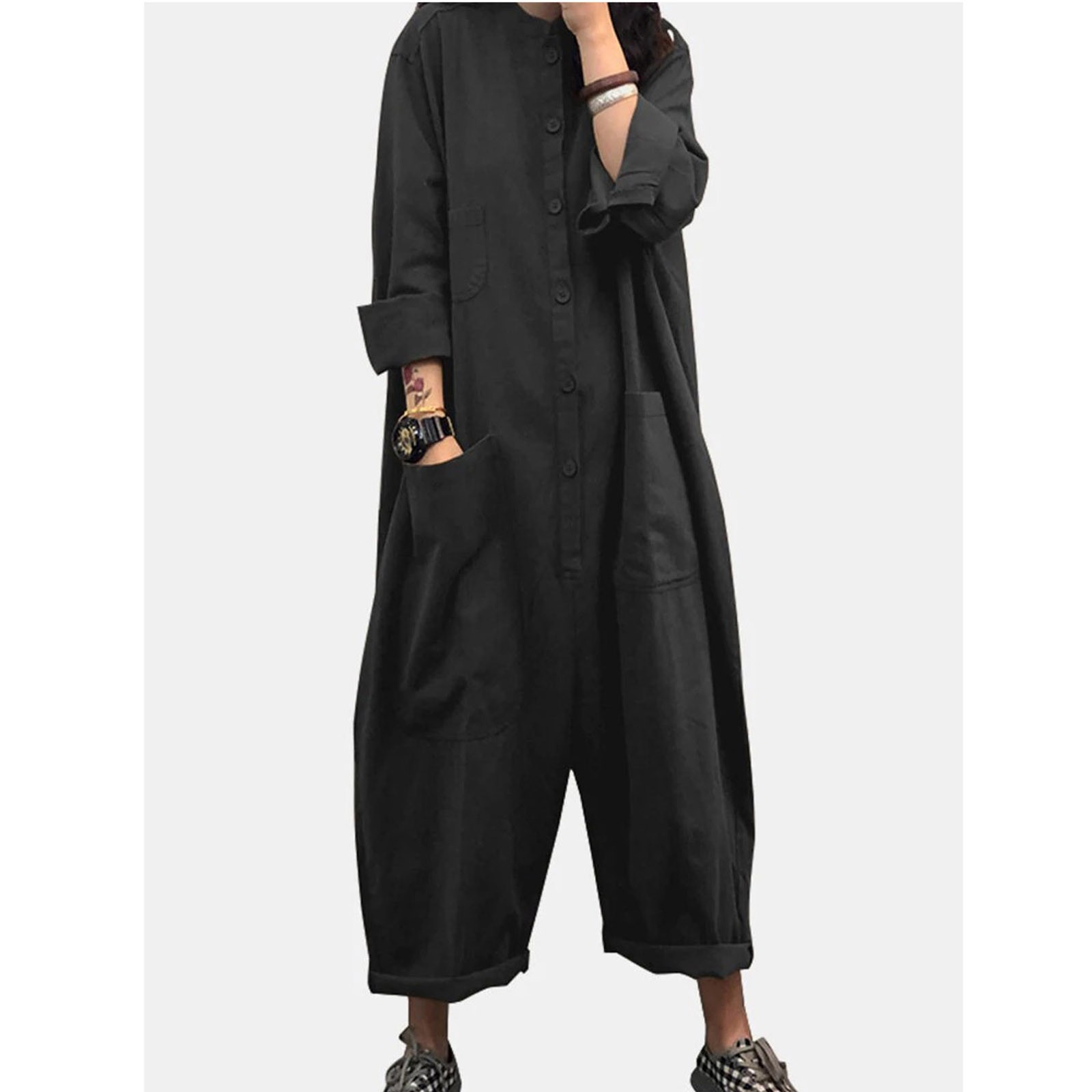 Vrouwen Jumpsuit 2024 Vrouwelijke Oversized Romper Herfst Losse Zakken Overalls Casual Solid Stand Kraag Bodem