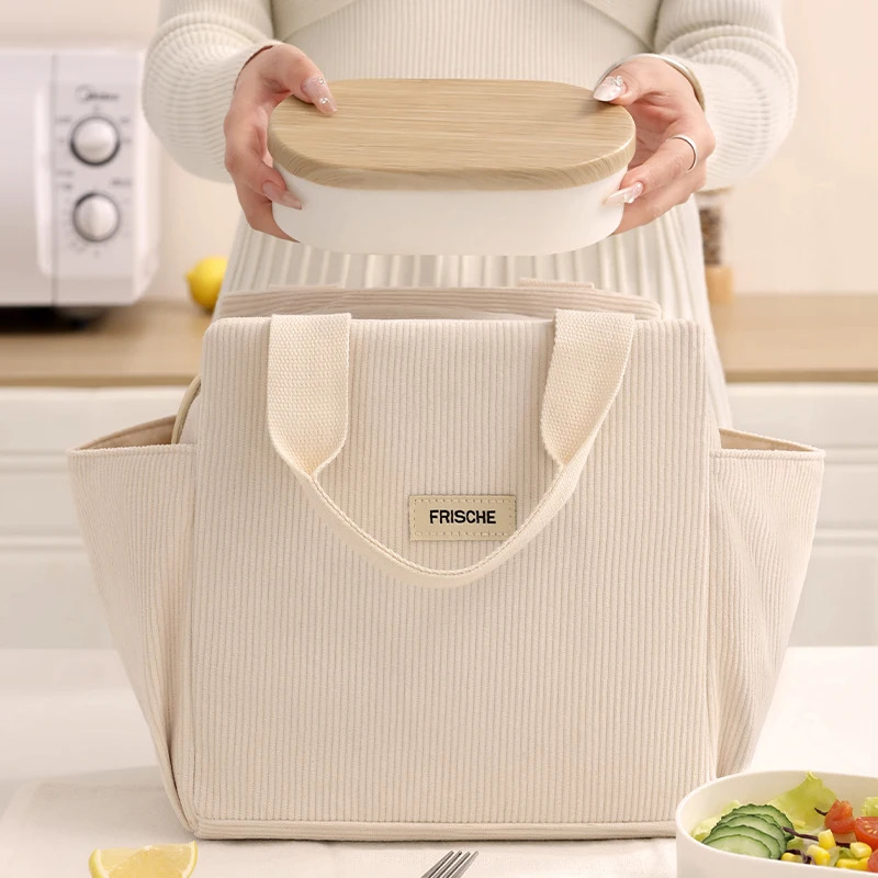 Corduroy Lunch Bag, Handheld Insulated Bag, Portable Lunch Box, Kids Multifunctional Storage Tote Bag, Camping Picnic Bag