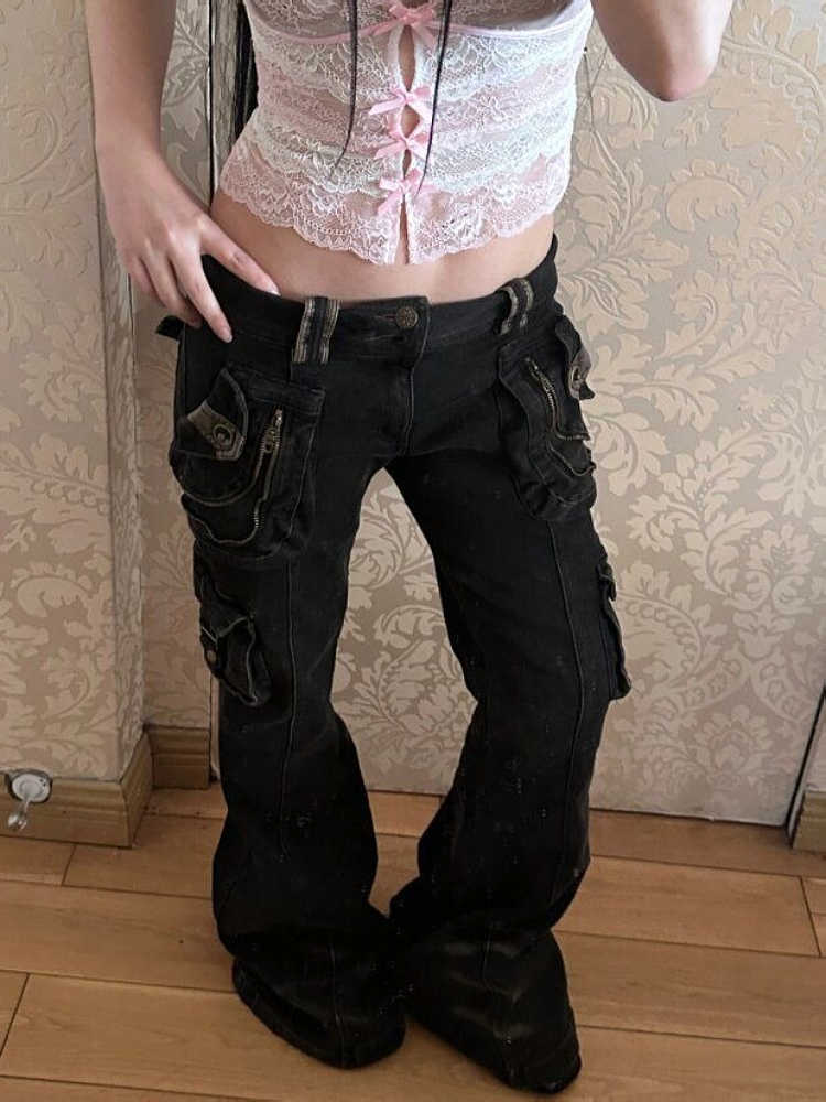 女性ギャル日本サイバーパンクベルボトム原宿 Y2K ダークアカデミアジーンズローライズフレアデニムパンツゴブリンコアハロウィン