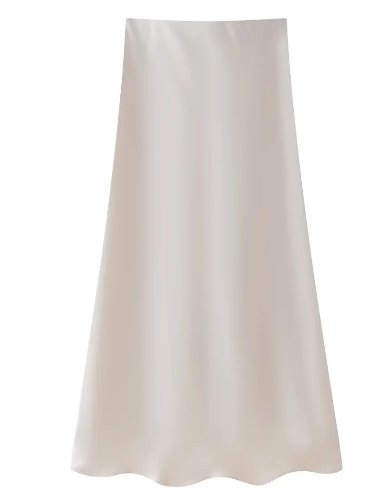 ZEVITY 2024 Donne di Modo di Colore Solido Morbido Raso Midi Gonna A Vita Alta Femminile Vintage Casual Sottile Una Linea Gonne Mujer QUN6227