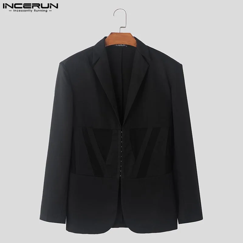 INCERUN 2024 เสื้อผ้าผู้ชายหล่อสไตล์ Patchwork ตาข่ายเข็มขัดเสื้อสูทเซ็กซี่ชายสีทึบแขนยาว Blazer S-5XL