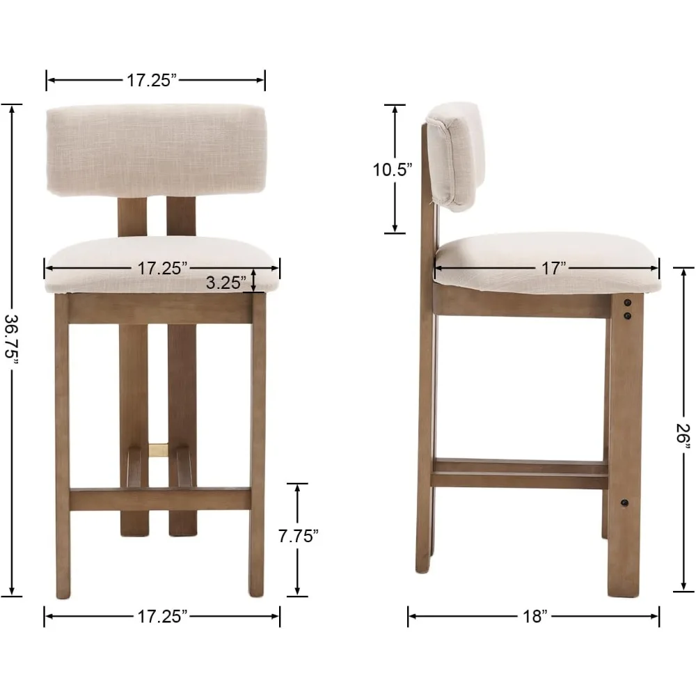 26” Counter Stools Set of 2 Counter Height Bar Stools with Back and Solid Wood Legs Modern Farmhouse Linen Upholstered Kitchen B