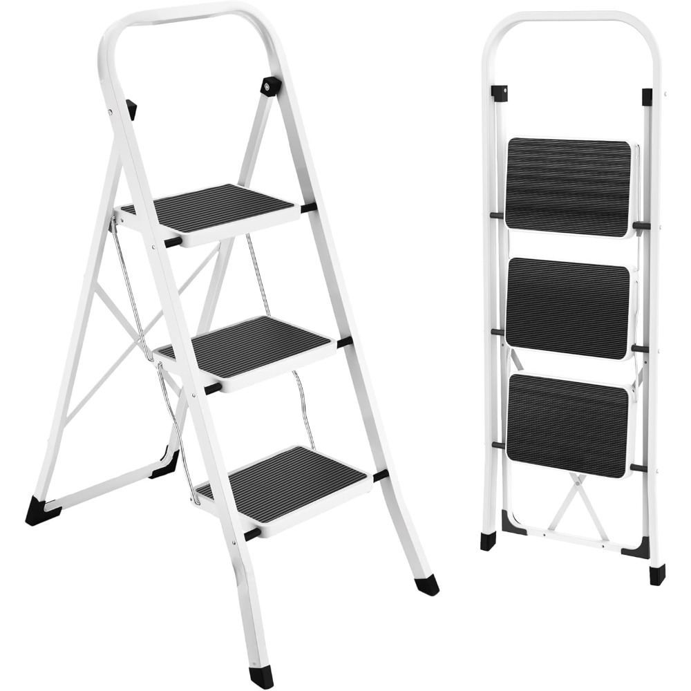 SONGMICS Step Ladder, 3-Step Ladder, Folding Ladder, Safety Lock, Space-Saving Storage, 150 kg, Dove Grey/Simiply White