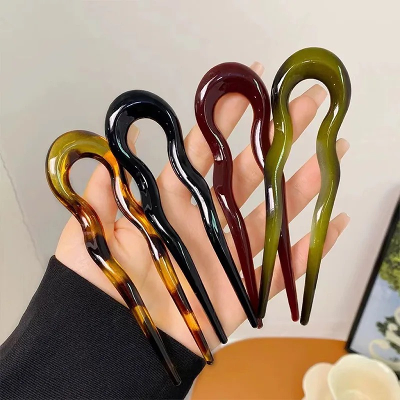 French Twist Hair Stick Hair Clip Plastic Wavy U-Shaped Hairpin Vintage Green Tortoise Women Hair Sticks Headwear Accessories