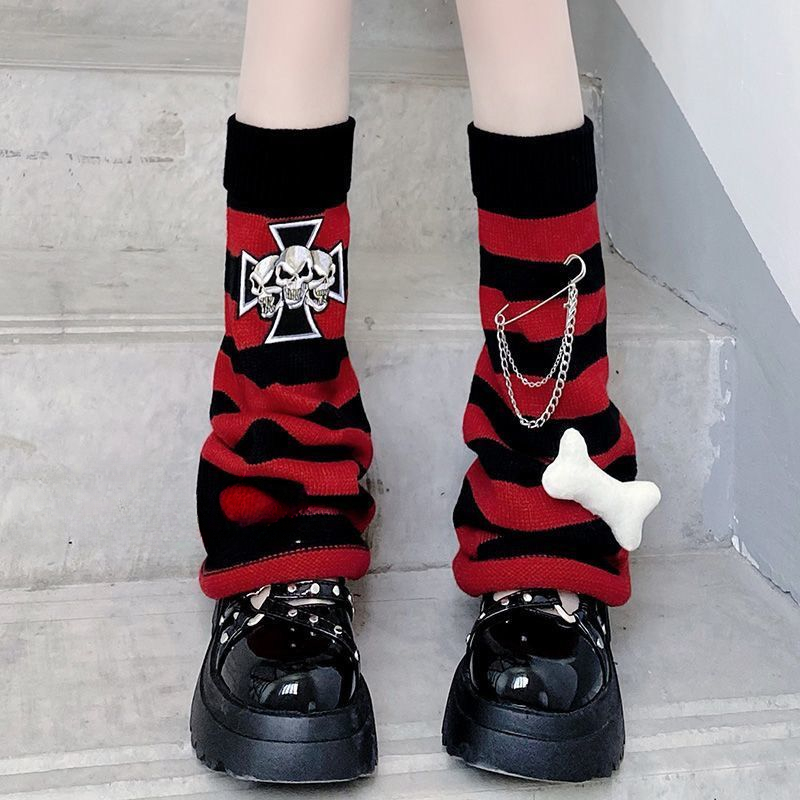 Японский Harajuku, готический панк, черный, серый, в полоску, гетры с костями, Y2k, уличная одежда, носки для девочек, Kint Sweet, милые ноги с рукавами