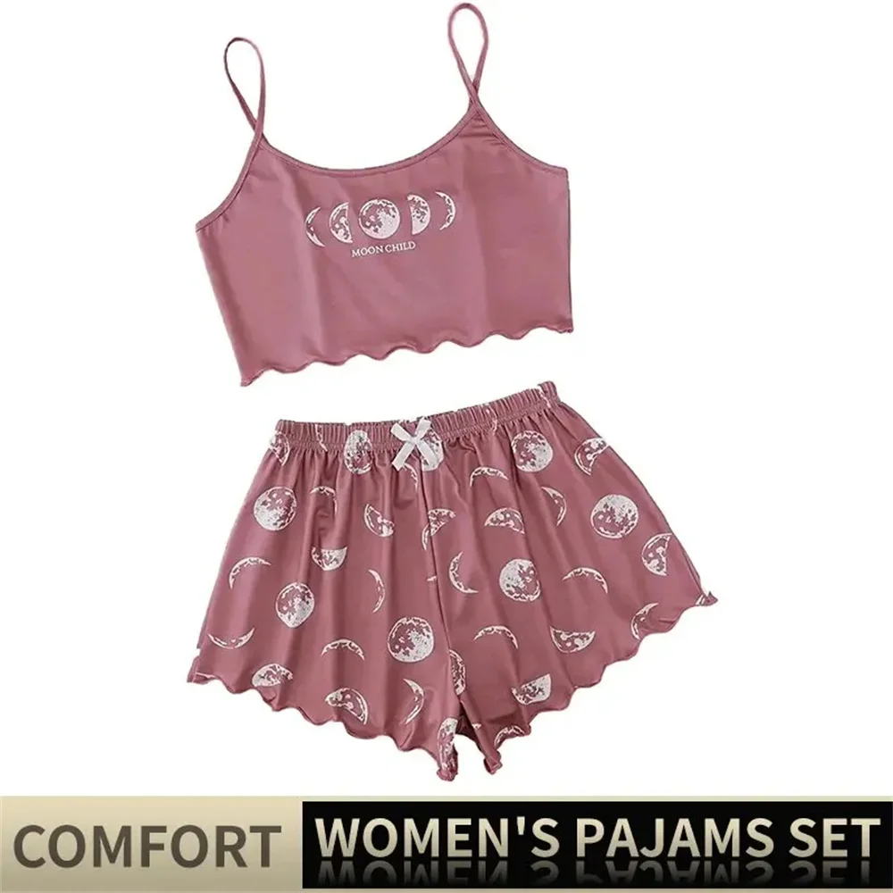 Frauen Pyjama Nachtwäsche Pyjama Set Sport Leibchen und Shorts rosa Mond und Planet drucken Sommer weich bequem lässig