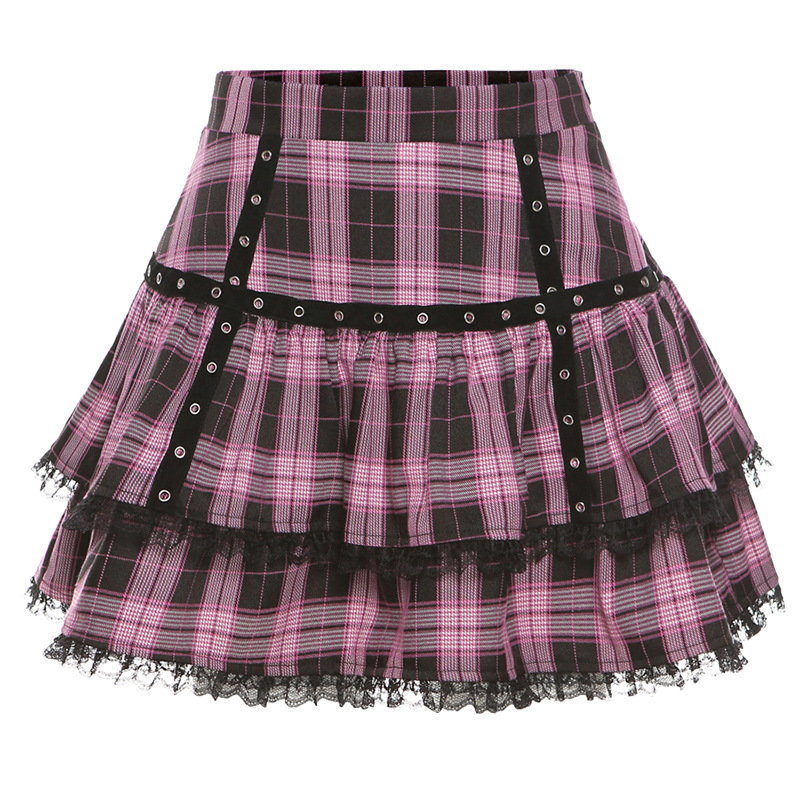 Lolita Cake Mini spódniczki Gothic Japanese Harajuku Girls Purple Pink Plaid Pleated Skirt Punk Sweet Lace Kawaii Cosplay Costume