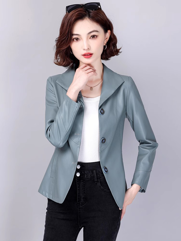 New Women Leather Jacket Spring Autumn Fashion Elegant Turn-down Collar Office Lady Slim Blazer Split Leather Short Coat