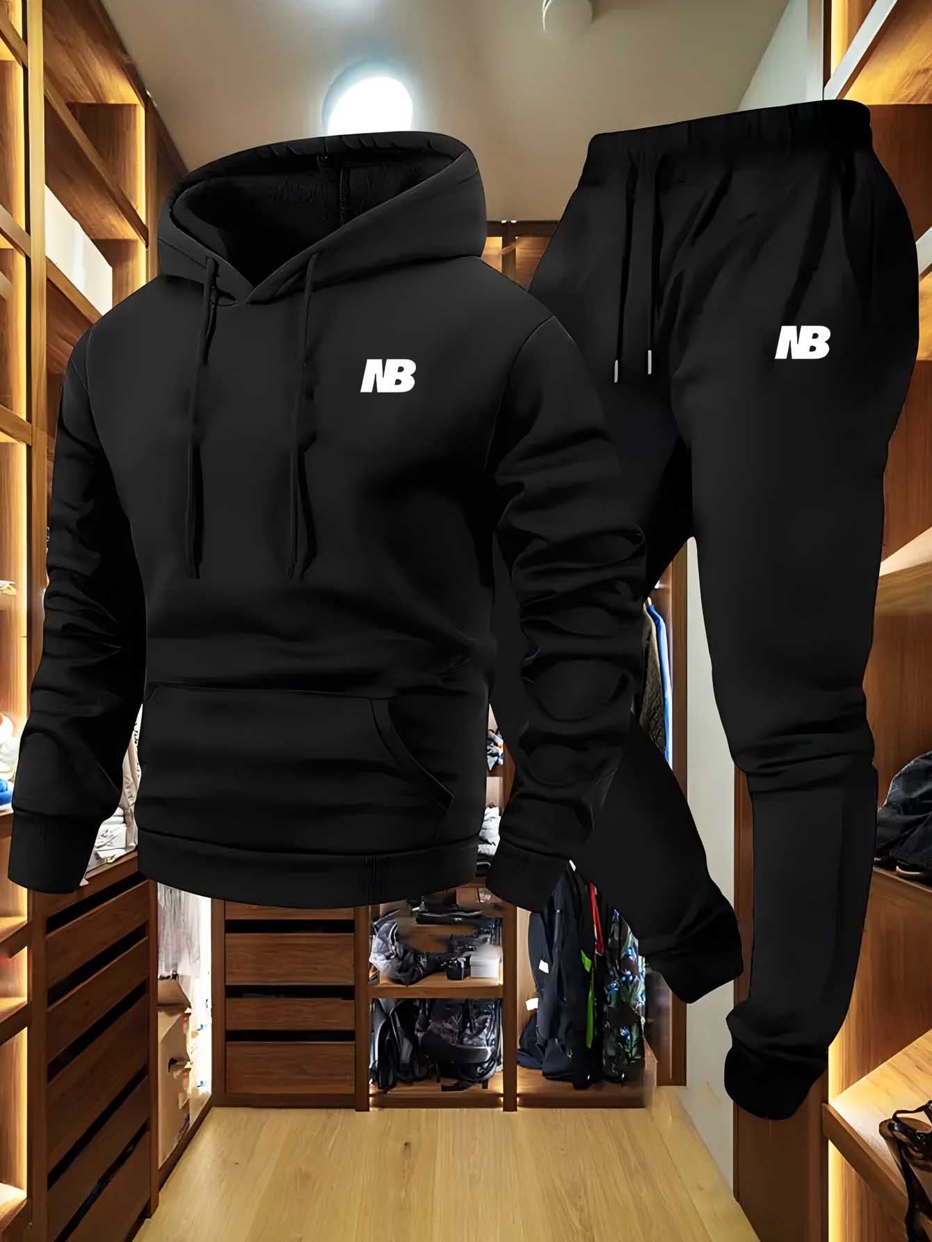 Conjunto esportivo masculino de duas peças com capuz e calças cinza preto logotipo não elástico ajuste regular com bolsos para outono/inverno