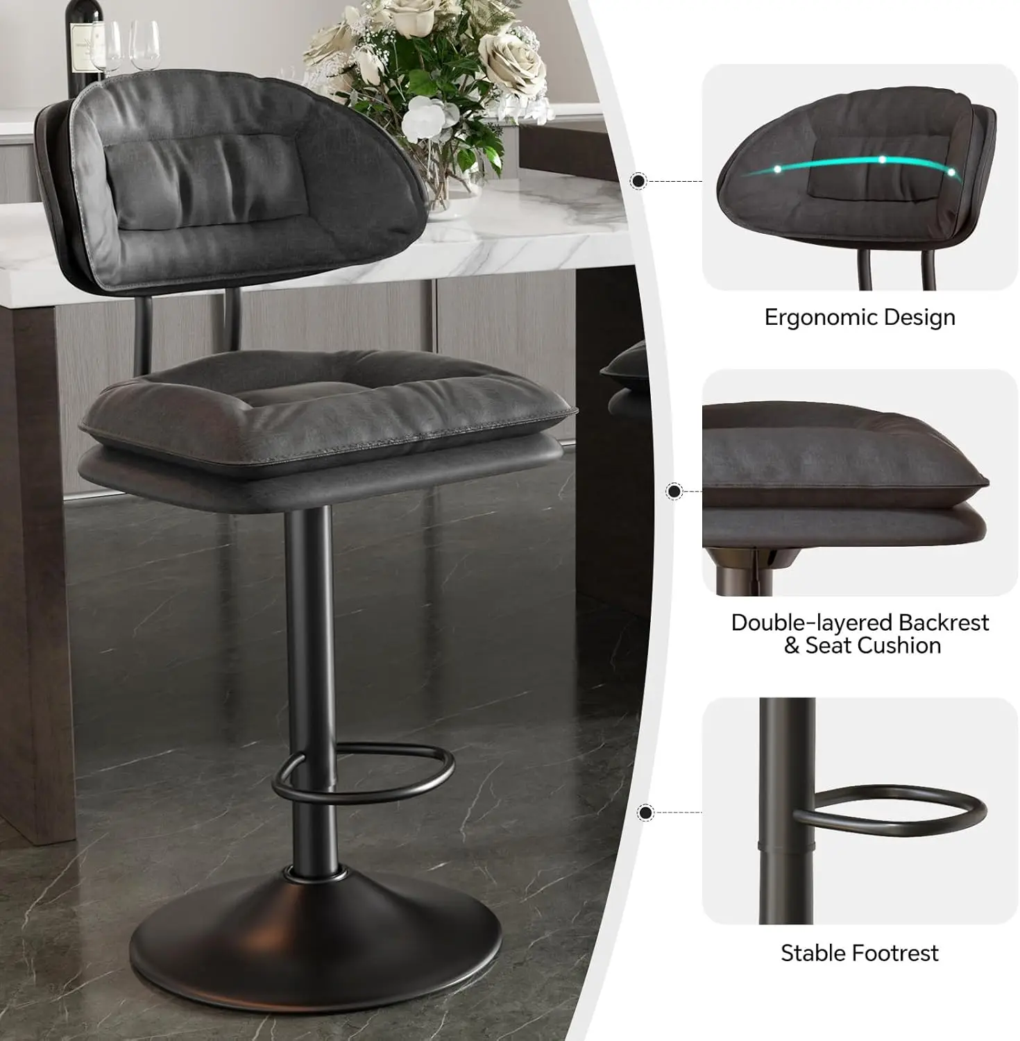 Modern Bar Stools Set of 4, Ergonomic Performance Fabric Upholstered Bar Stools with Back, Double-Layer Adjustable Swivel