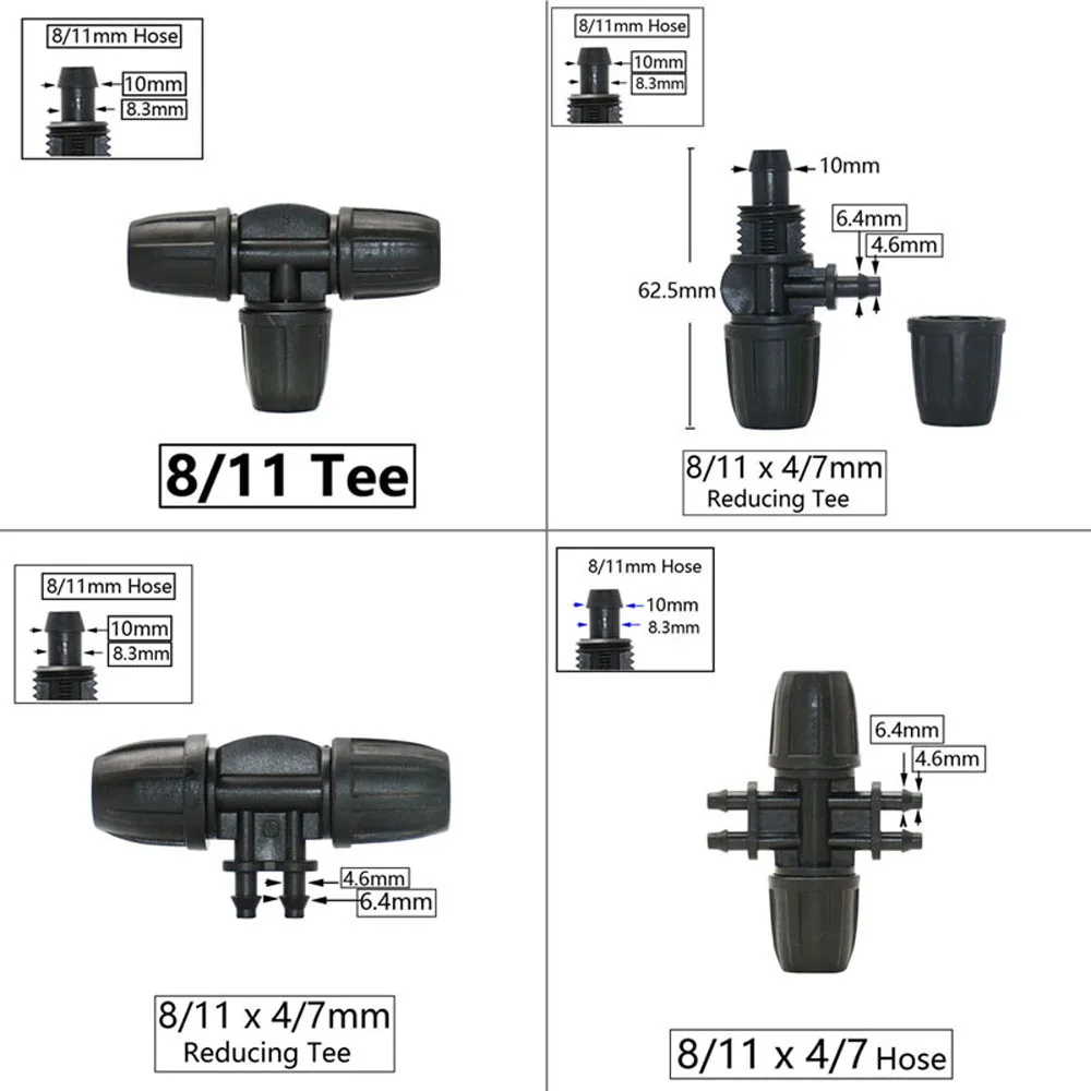 Garden 3/8 x 1/4inch Hose Barb Connector Lock nut Reducer Water splitter Tee Elbow End Plug Drip Irrigation System Fitting
