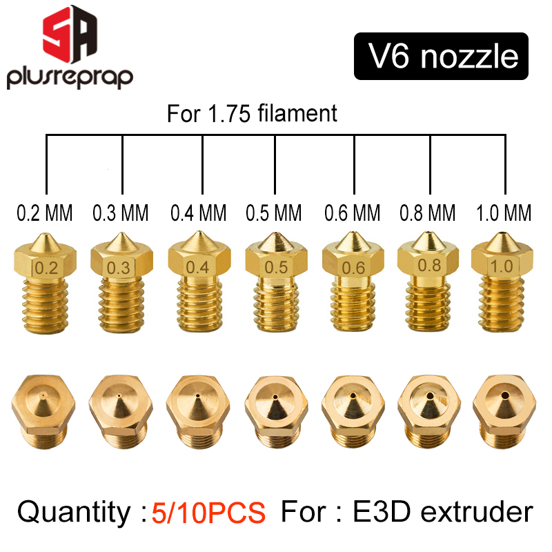 5 oder 10 Stück E3DV6 Gewindedüse Messing 0,2 0,3 0,4 0,5 0,6 0,8 1,0 mm für Extruder V5 V6 Anycubic i3 Mega Chiron Kobra Hotend