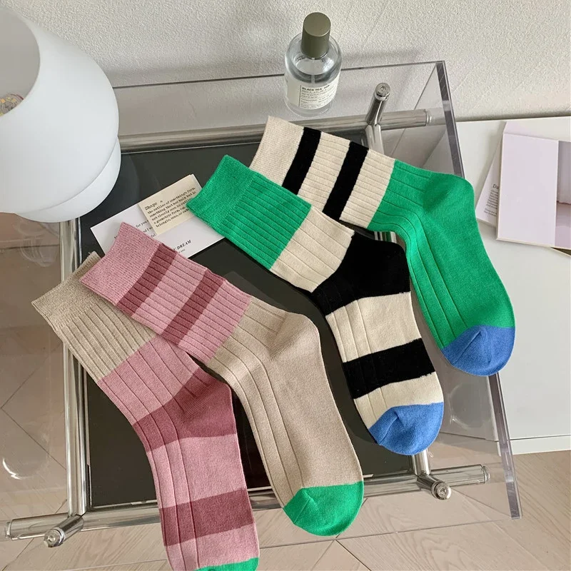 Retro meias femininas estilo coreano nova novidade algodão casual cor misturada moda japonesa ab meias conforto listrado para meninas