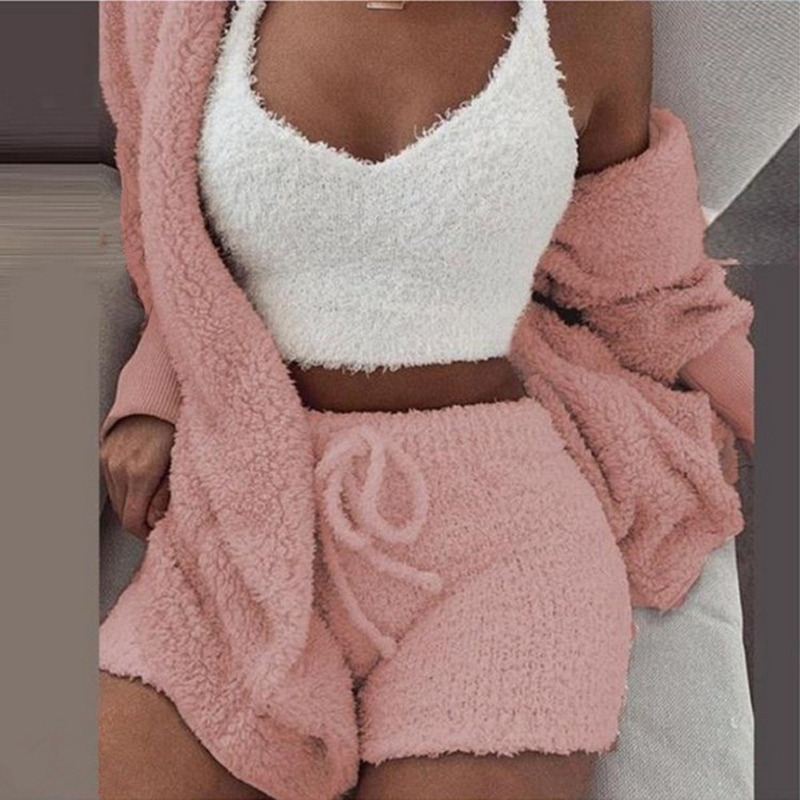 Conjunto de Pijamas esponjosos para mujer, ropa de dormir informal, camiseta sin mangas y pantalones cortos, Sudadera con capucha de talla grande, traje de casa de ocio, Pijamas de invierno de 3 piezas