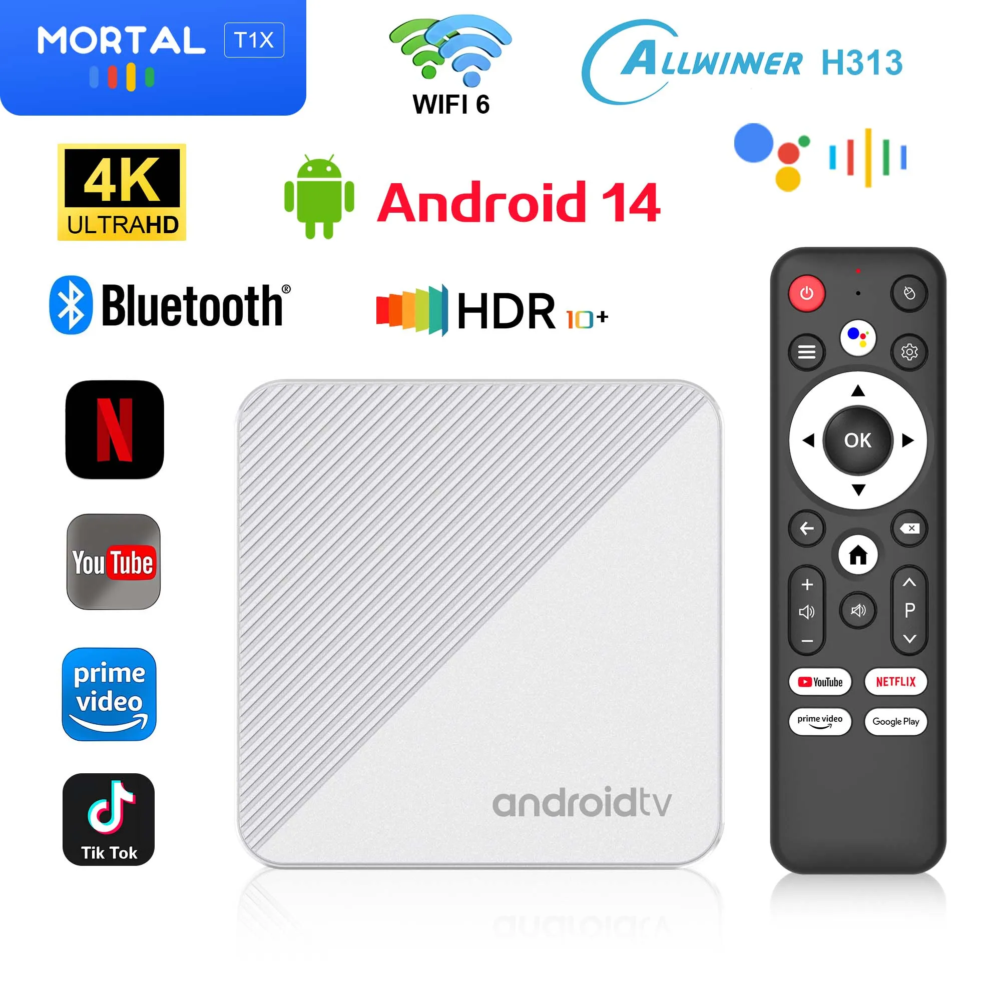 Andriod 14 Caixa de TV Mortal T1X Controle de Voz Smart Theater WIFI6 1000M Lan Bluetooth 8K 4K Vídeo Allwinner H313 Free & Live TV