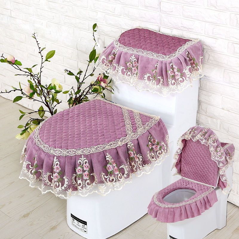 Set 3 buah Set tertutup penuh untuk Toilet, Set kain alas Toilet duduk renda ritsleting termal