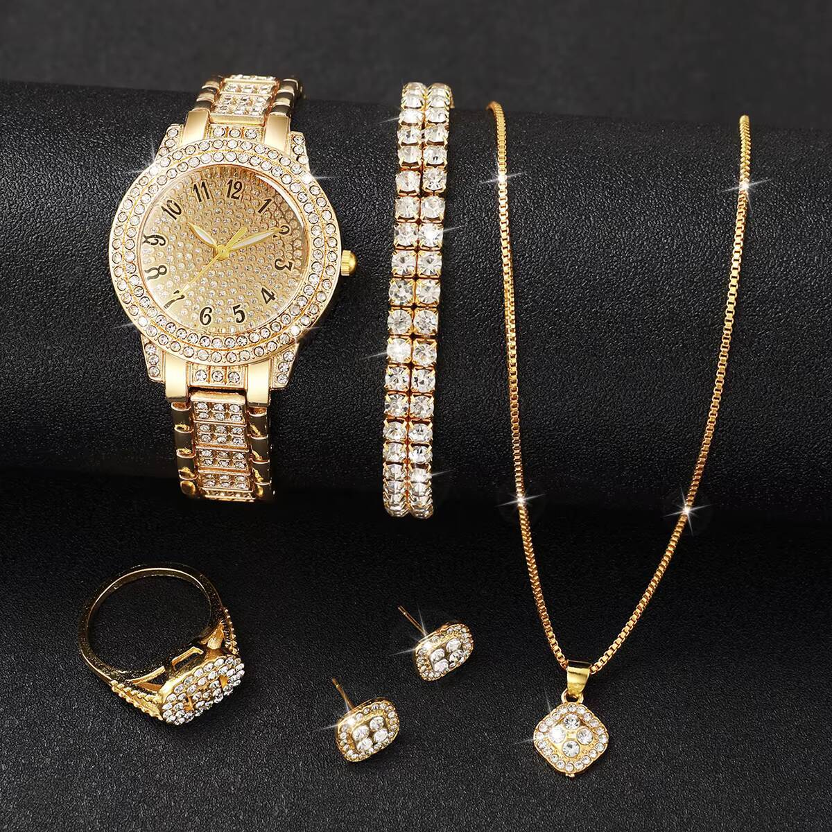 6 unids/set de relojes de lujo con diamantes de imitación para Mujer, Reloj de pulsera de cuarzo a la moda para Mujer, conjunto de joyería, Reloj para Mujer (sin caja)