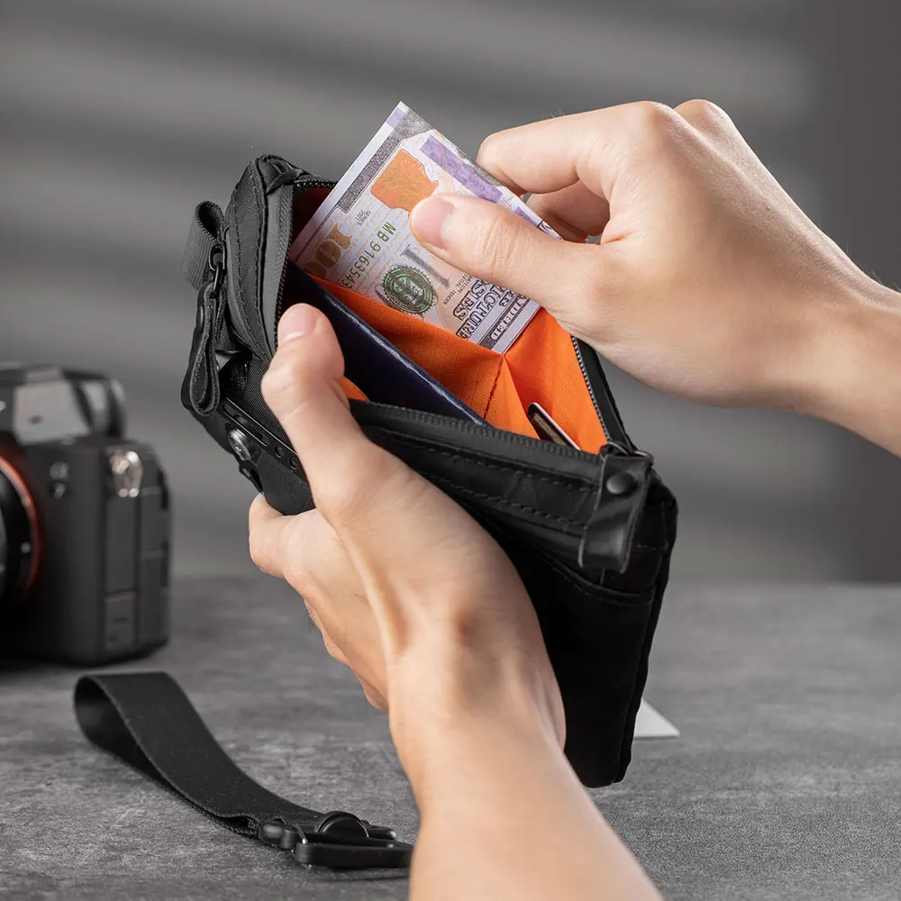 Embrague con cremallera con pulsera, porta pasaporte, cartera con cremallera y portador EDC, resistente a la intemperie y con bloqueo RFID, 3 ranuras externos