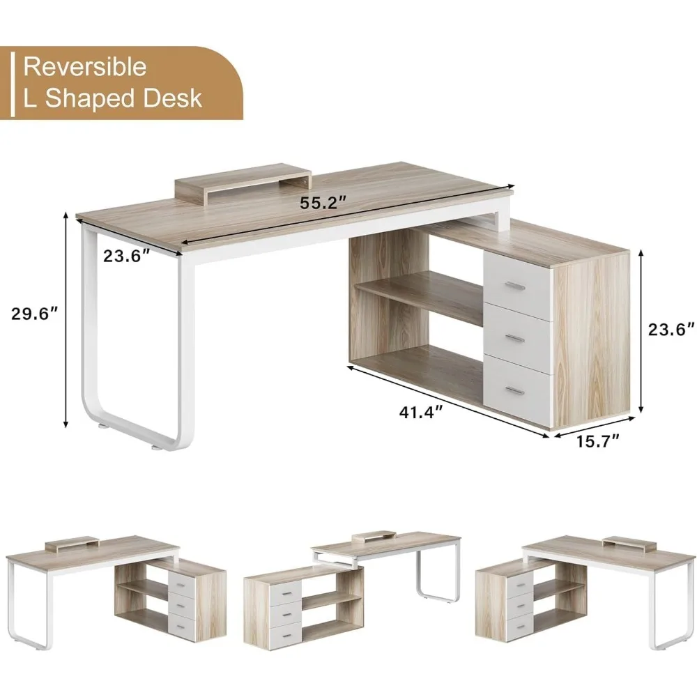 Desk with Drawers, 55 Inch L Shaped Computer Desk with Storage Shelves, Corner Desk with Removable Monitor Stand, Study