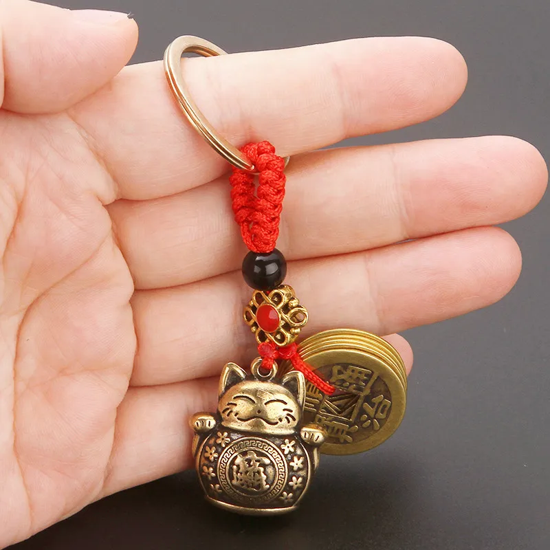1PR vintage pure handmade lucky cat car kevchain lucky cat five emne mirrors money keychain feng shui coins solid lucky key ring