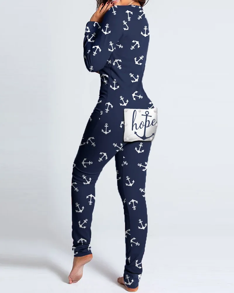 Winter Christmas Women's Print V-neck Sexy SkinnyJumpsuits Bodysuit Homewear Femme Button Flap Long Sleeve Loungewear Clothing