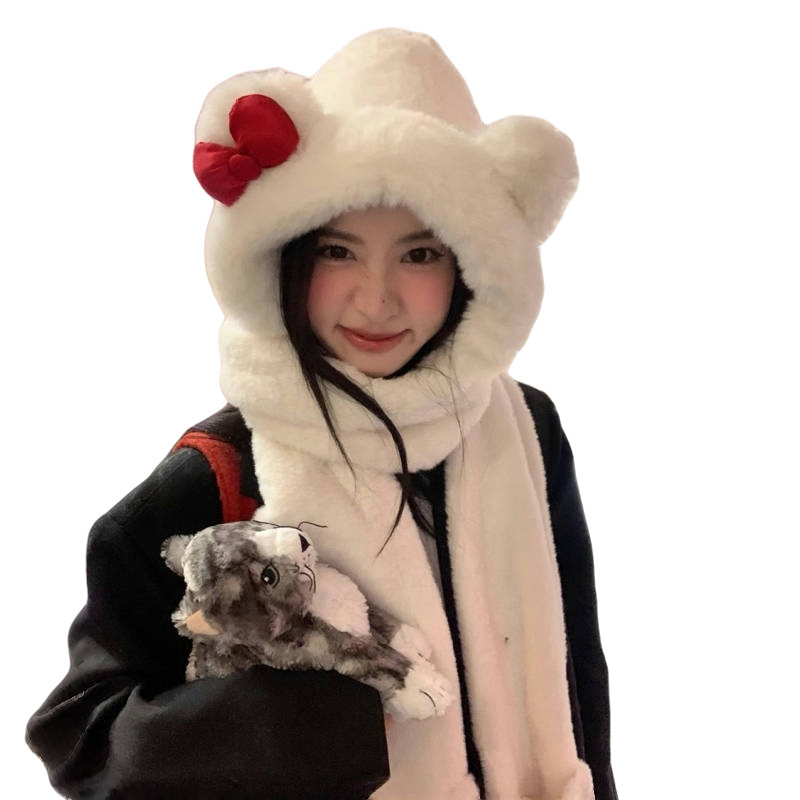 Gorro con lazo dulce de Hello Kitty, bufanda y guantes, conjuntos de felpa de 3 uds, gorros peludos de felpa cálidos y gruesos de invierno para mujer, conjunto de tres piezas
