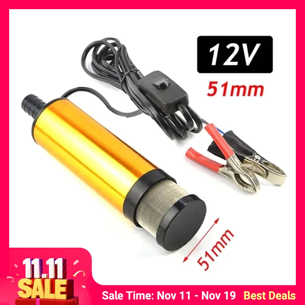 Bomba de óleo elétrica para carro, 38/51mm, 12v, para bombear óleo diesel, água, transferência de combustível, 12l/min, submersível, liga de alumínio