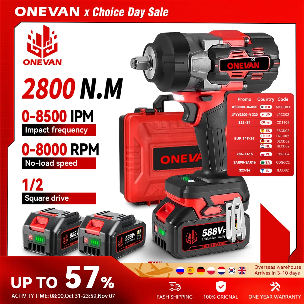 ONEVAN 2800N.M 2800W Brushless ประแจผลกระทบไฟฟ้า 1/2 นิ้วไร้สายประแจไขควงเครื่องมือสําหรับ Makita 18V แบตเตอรี่ Pin