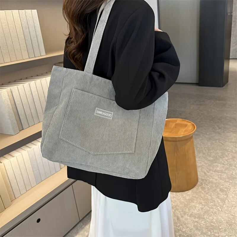 Umhängetasche mit großer Kapazität, trendige Cord-Einkaufstasche, einfarbige Damenhandtasche mit Vordertasche