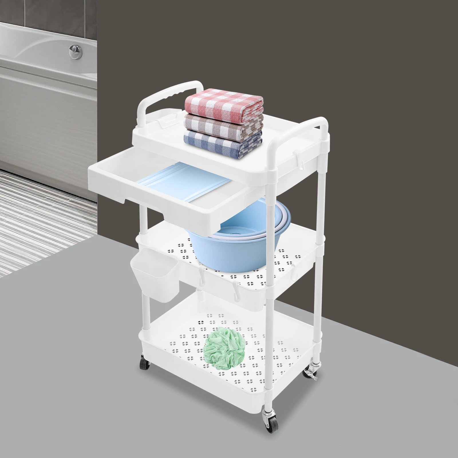 Carrello con rotelle a 3 livelli con cassetto Spaziatura del livello 5 kg per ripiano Carrello mobile con carico per libreria domestica Dormitorio 2,2 kg