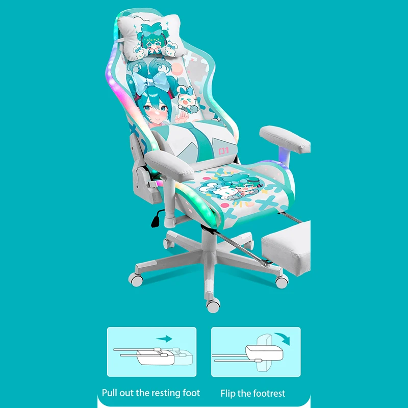 เก้าอี้เล่นเกมแฟชั่นใหม่สีเขียวอนิเมะสาวนักเรียนสำนักงานบ้านถูกหลักสรีรศาสตร์เก้าอี้คอมพิวเตอร์ไฟ LED ริ้วสายไฟวางเท้าเพื่อนอนลง