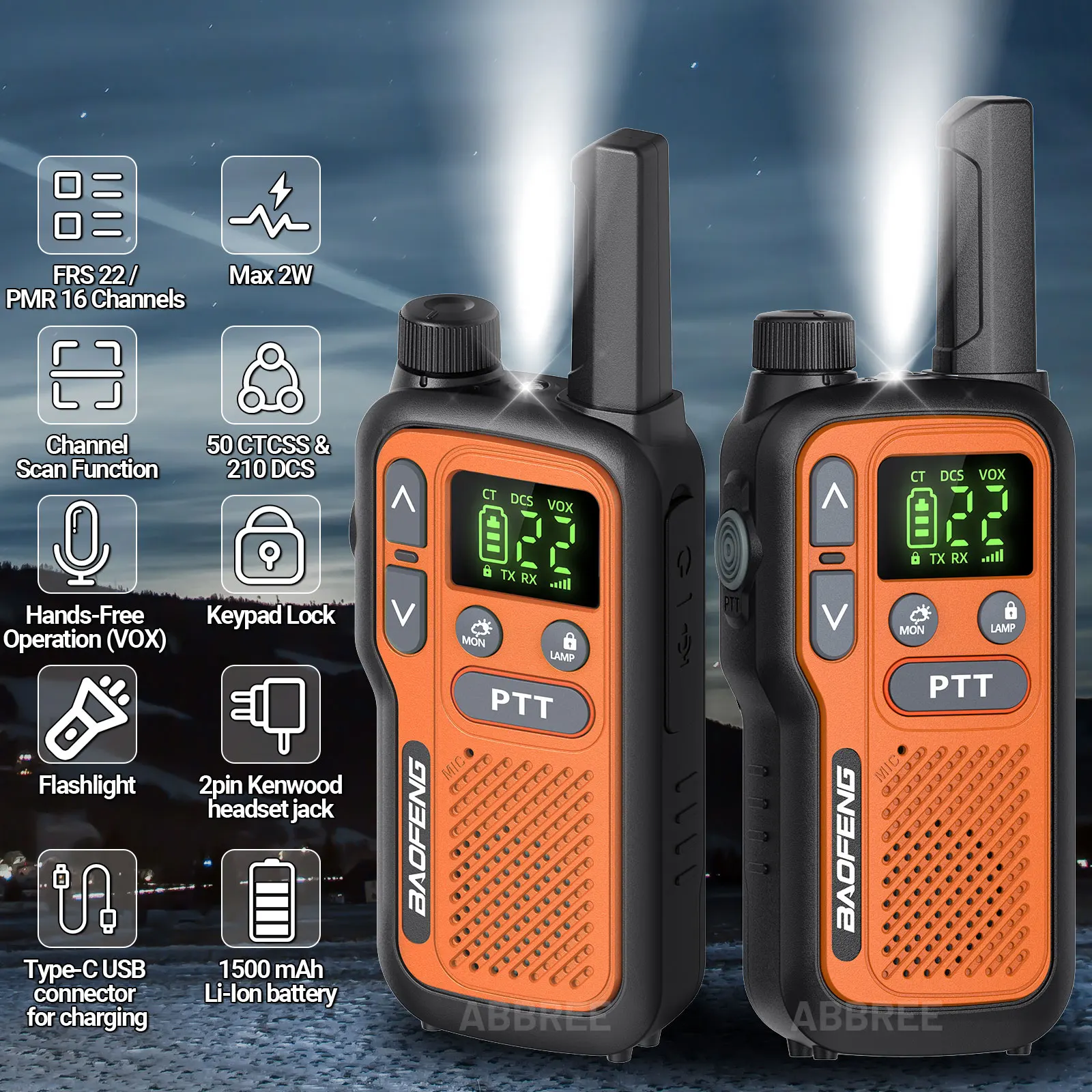 2PCS Baofeng BF-T18 Mini Walkie Talkie PMR 446 FRS Dual PTT Taschenlampe Tragbare Typ-C Ladegerät VOX NOAA service Für Jagd
