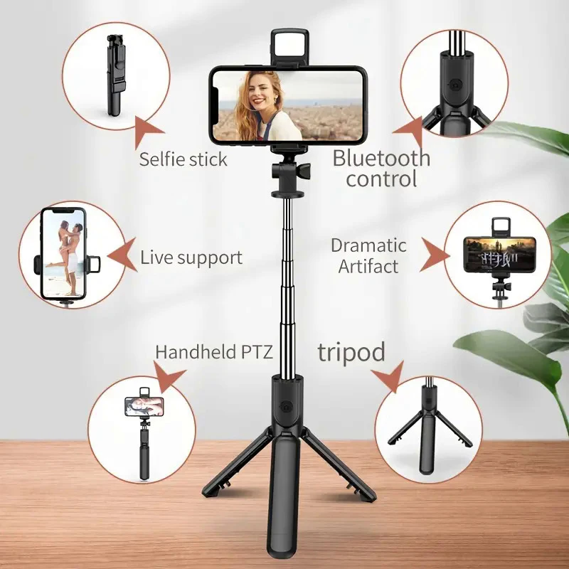 Tragbares All-in-One-Stativ für iPhone, Selfie-Stick mit Fülllicht, ausziehbarer Telefonständer für Tiktok Live BT-Fernbedienung