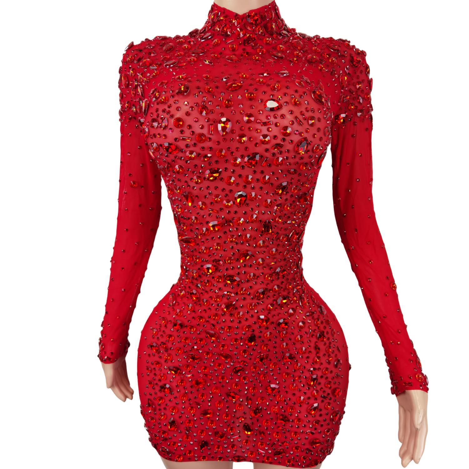 Vestidos de malha com strass para mulheres, traje de noite, vestido sexy para performance de palco, comemoração de aniversário vermelho