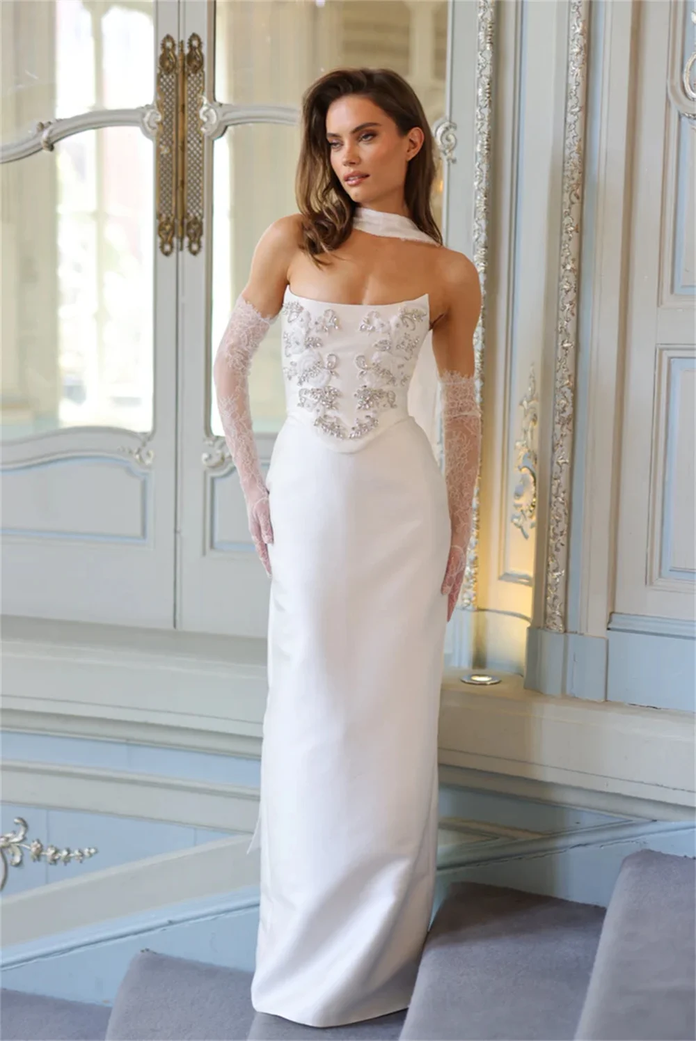 Kyoto Witte Eenvoudige Strapless Strass Trouwjurken Halter Zeemeermin Vloerlengte Aangepaste Vetersluiting Formele avonden 2025