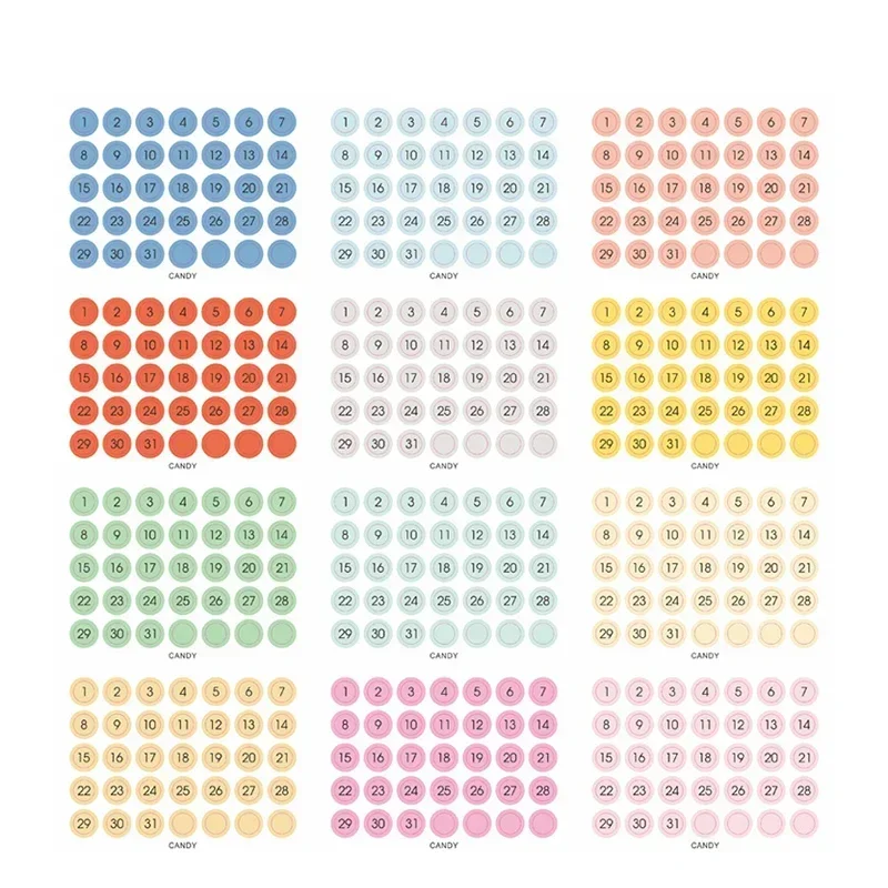 12 hojas de pegatinas de calendario, pegatina de índice de fecha y número, planificador anual, pegatinas de 365 días, papelería coreana, accesorios para diario