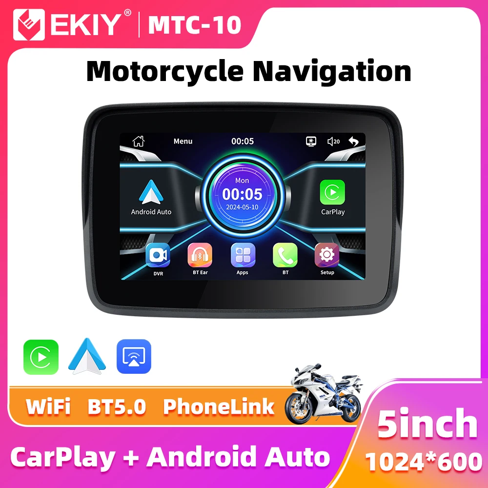 EKIY Draadloos CarPlay Moto 5,0 inch draagbaar digitaal motorfietsdashboard GPS-navigatie Scherm Android Auto Monitor