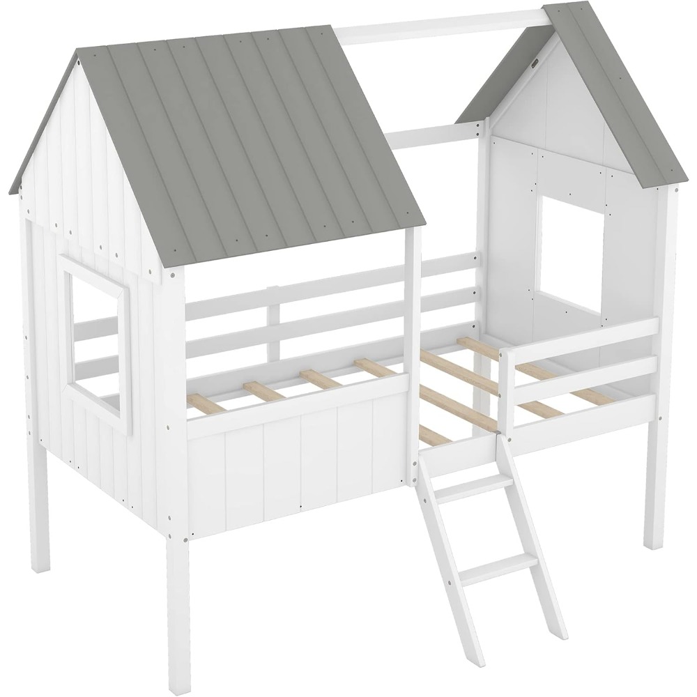 Twin House Bed for Kids Wood Low Loft Bed Frame with Windows and Roof, Easy Assembly, for Girls Boys (White+Gray)