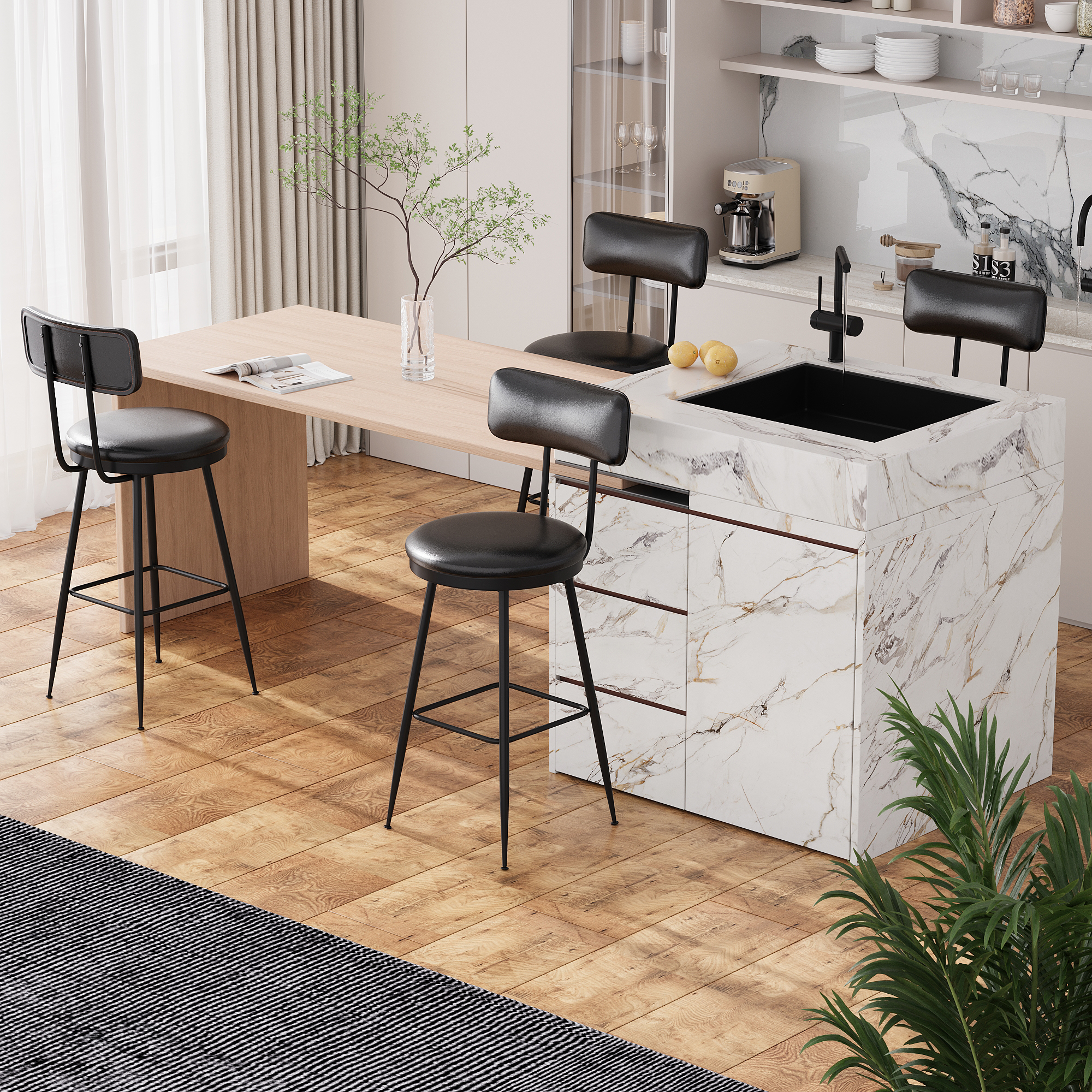 Comanlai 85 cm 2 Stück/Set Barstühle mit hoher Rückenlehne, Barhocker mit Metallbeinen, Küchenstuhl, Hochstuhl für Bar, PU-Leder, Schwarz