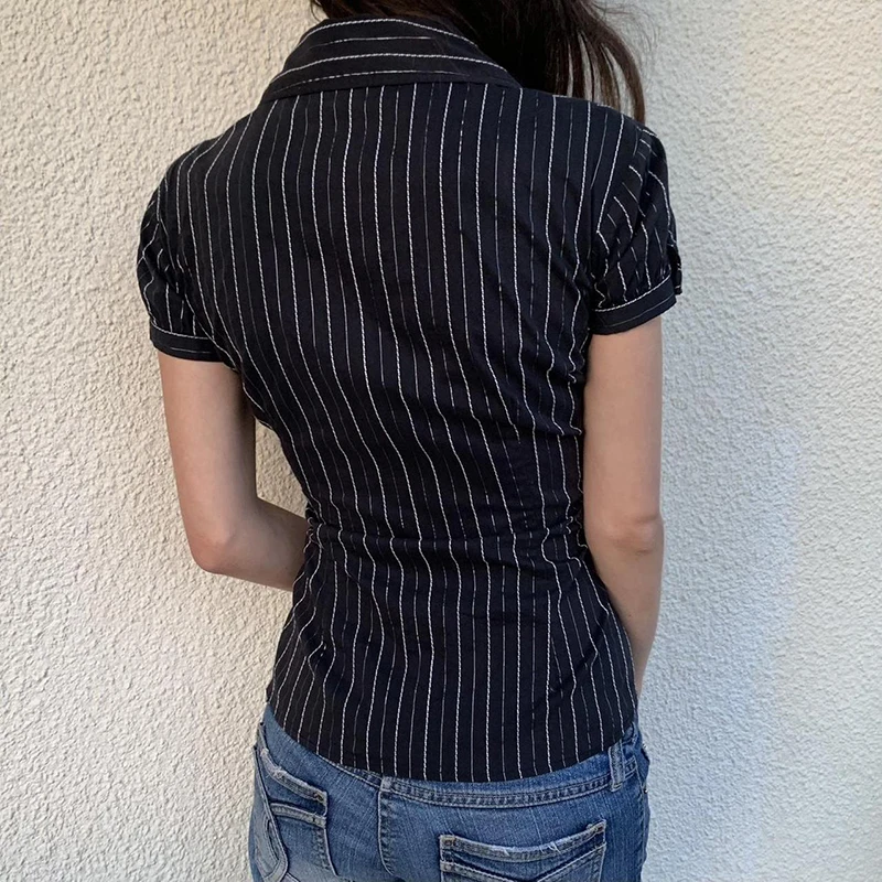 CIBBAR 黒ストライププリントブラウスヴィンテージ 2000 年代ボタンアップパフ半袖クロップトップ女性の韓国のファッション Tシャツストリート y2k