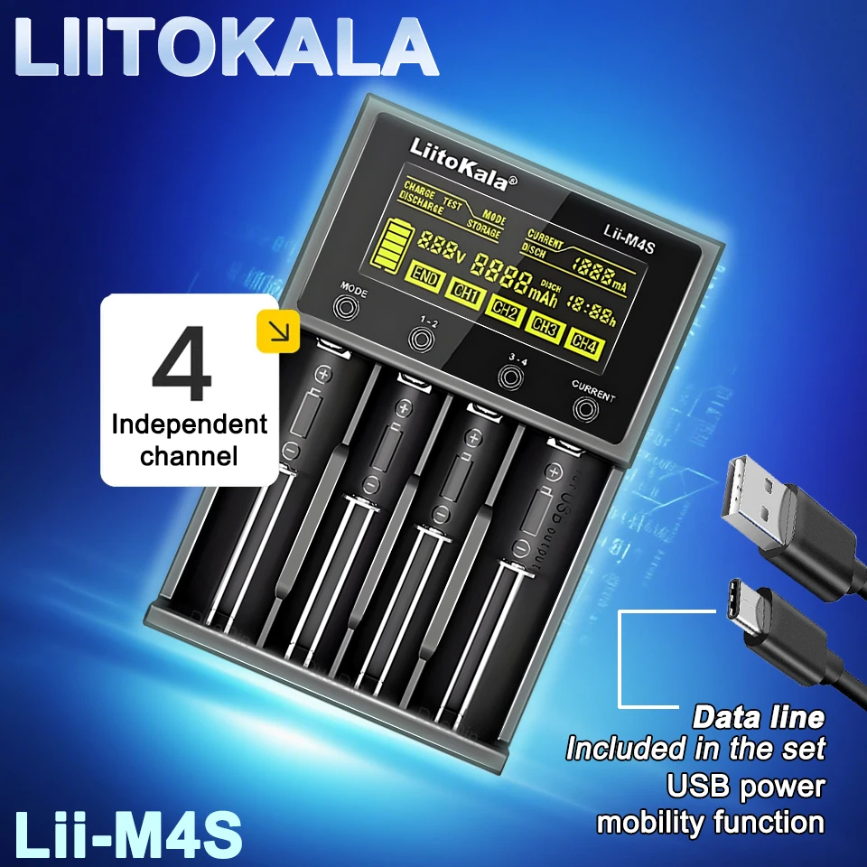 Analizador de cargador inteligente LiitoKala de 4 ranuras |   Lii-500/M4/M4S |   Probador de capacidad de batería con pantalla LCD |   Salida USB 5V |   CE/FCC