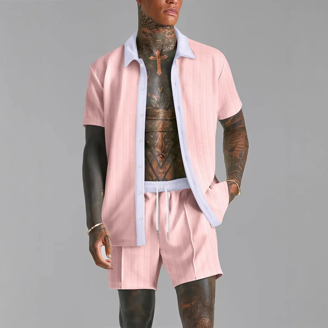 Sommer-Herren-Freizeitanzug, Patchwork, transparentes Revers, kurzärmeliges Hemd und Shorts. Stilvolle und bequeme zweiteilige Streetwear