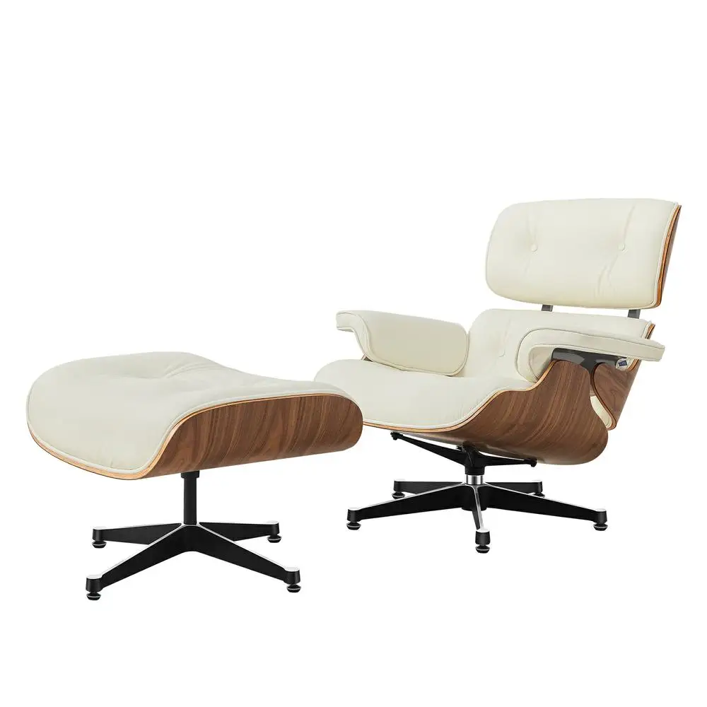 EU Stock TY306 Leisure Recliner Light Walnut Armchair With Ivory White Cowhide Black Big Head Foot Swivel Deck Chair Furniture