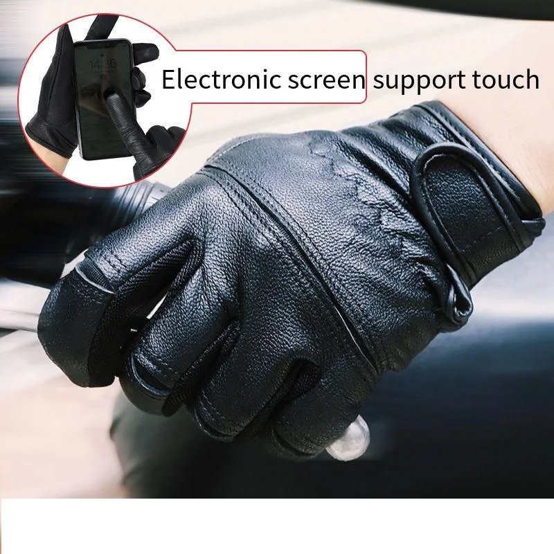 High Sheepskin Gloves Leather Men's Motorcycle Glove Warm Touch Screen Leather Protection Wear Resistance Labor Protection