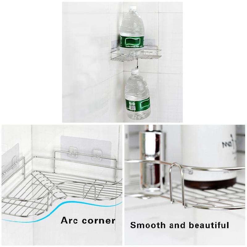 Stainless Steel Triangular Holder Shelf Wall Mounted Adhesive Shampoo Shower Storage Rack Kitchen Bathroom Organizer