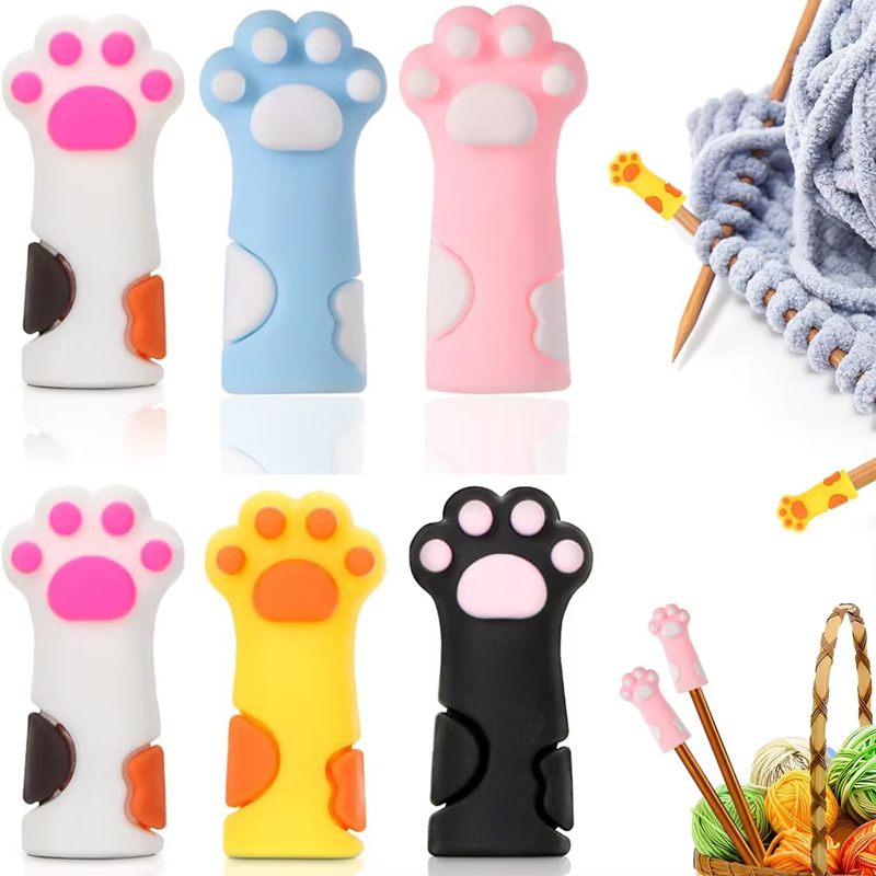 6 น่ารัก Cat PAW ถักเข็ม Stoppers เข็มจุดซิลิโคน Protector Anti-Shedding หมวก DIY สานเครื่องมืออุปกรณ์เย็บผ้า