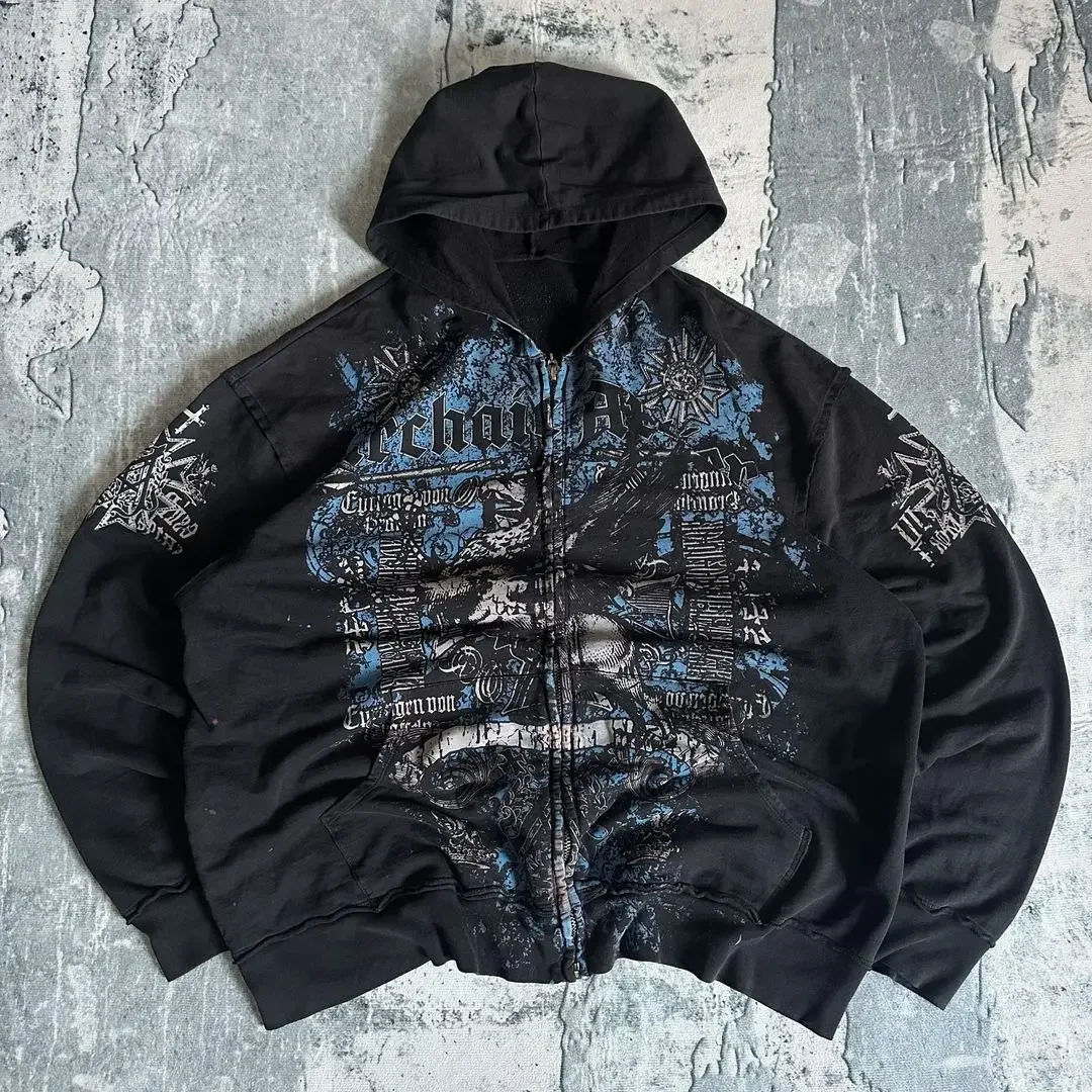 Afflição streetwear gótico hoodie y2k novo padrão retro oversize zíper hoodie para mulheres hip hop personalidade casual moletom