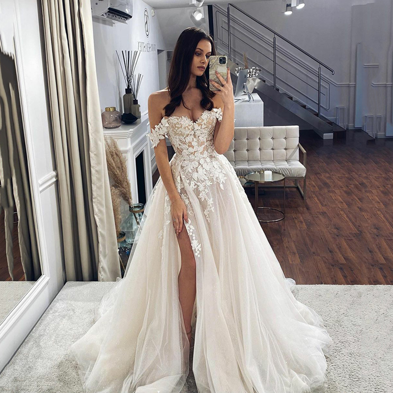 Lorie vestidos de casamento de renda 2022 fora do ombro querida pescoço vestidos de noiva lado split apliques countryweddingdress personalizado