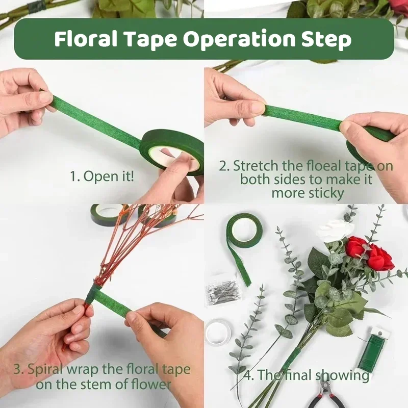 Zxiixz 30 Yard 12mm zelfklevende Boeket Bloemen Stem Tape Kunstbloem Stem Wrap Bloemen Groene Tapes DIY Bloem levert
